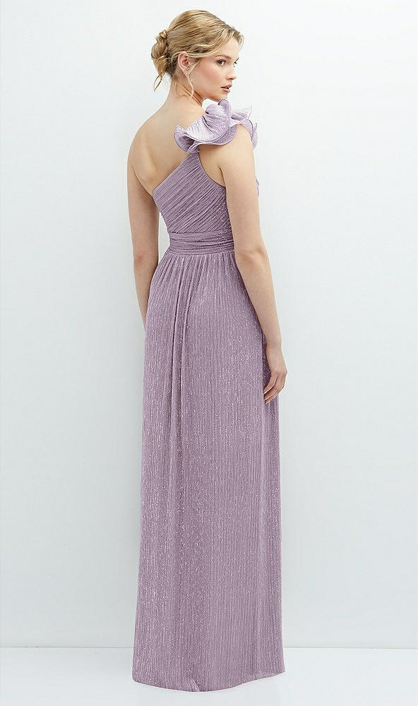 Back View - Metallic Lilac Haze Dramatic Ruffle Edge One-Shoulder Metallic Pleated Maxi Dress