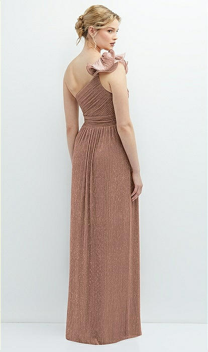 Dramatic Ruffle Edge One-shoulder Metallic Pleated Maxi Bridesmaid Dress In  Metallic Sienna | The Dessy Group