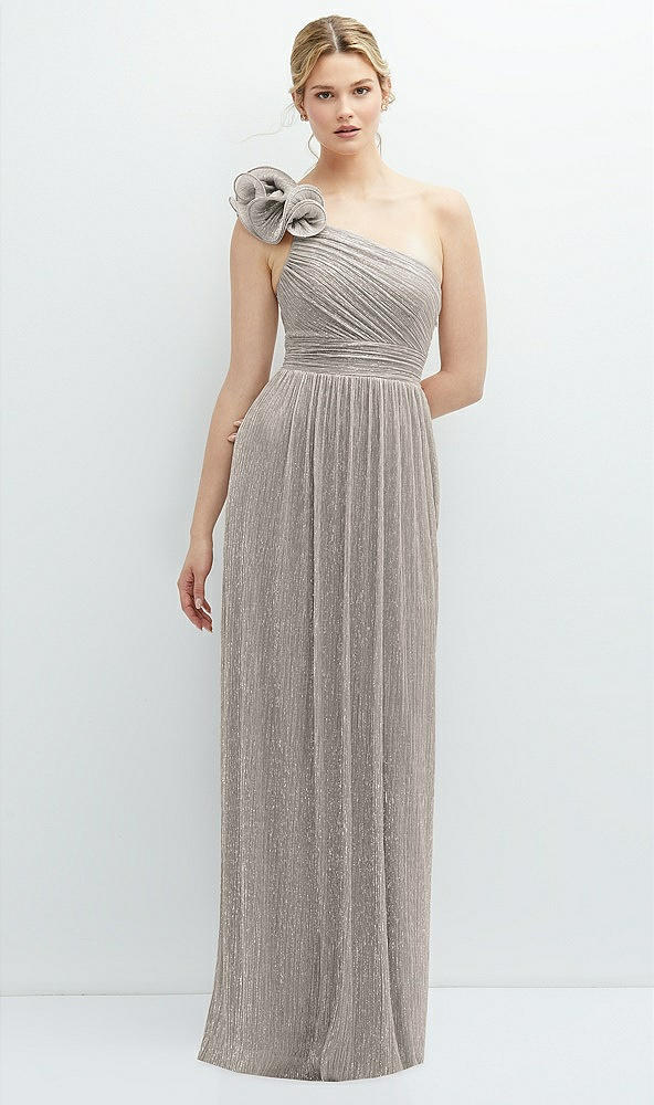 Front View - Metallic Taupe Dramatic Ruffle Edge One-Shoulder Metallic Pleated Maxi Dress