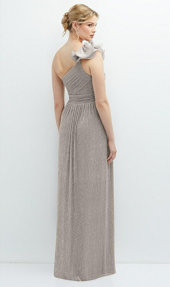 Back View - Metallic Taupe Dramatic Ruffle Edge One-Shoulder Metallic Pleated Maxi Dress