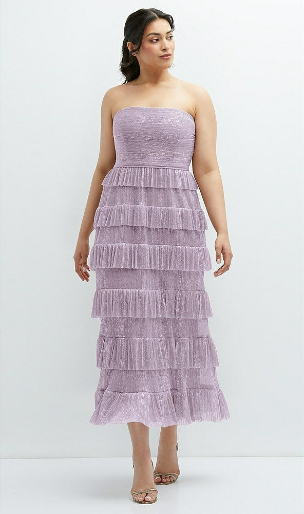 Front View - Metallic Lilac Haze Ruffle Tiered Skirt Metallic Pleated Strapless Midi Dress