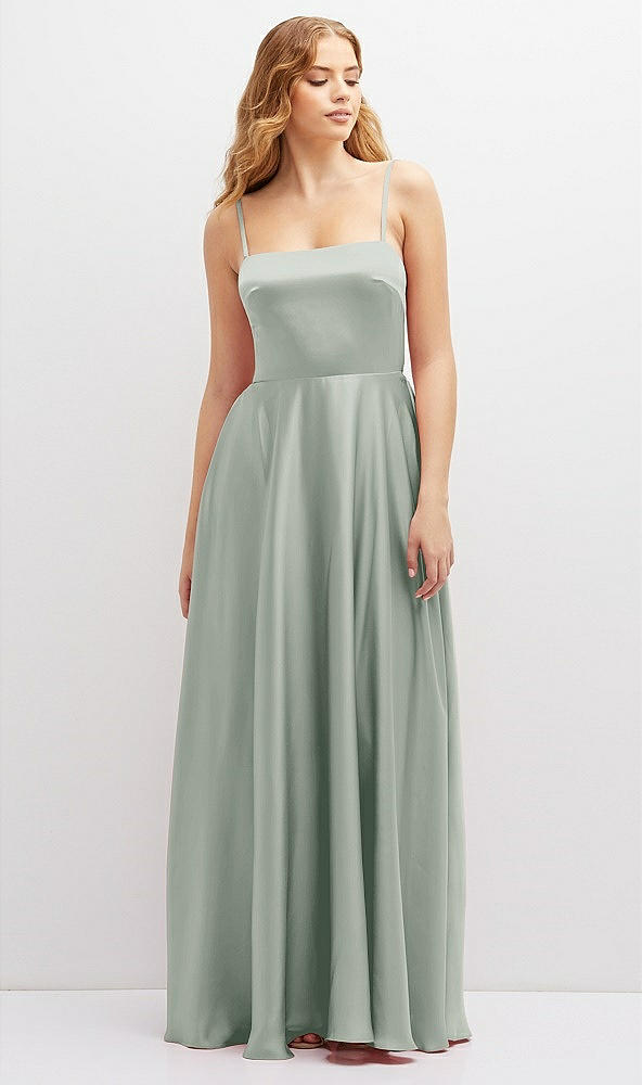 Front View - Willow Green Adjustable Sash Tie Back Satin Maxi Dress with Full Skirt