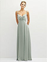 Front View Thumbnail - Willow Green Vertical Ruched Bodice Satin Maxi Dress with Full Skirt