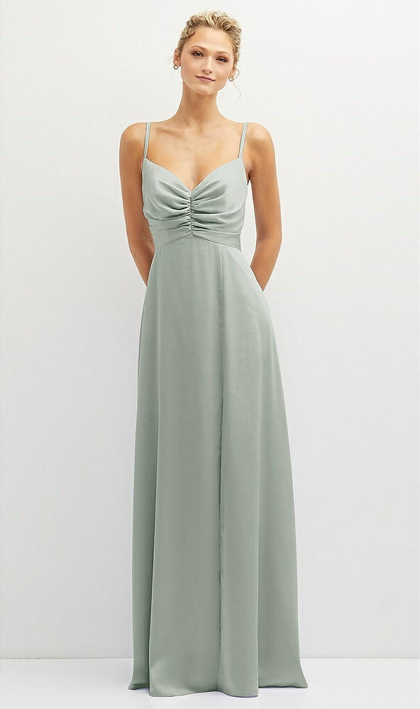 Front View - Willow Green Vertical Ruched Bodice Satin Maxi Dress with Full Skirt