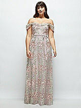 Front View Thumbnail - Suede Rose Off-the-Shoulder A-line Floral Embroidered Dress with Skinny Tie Sash