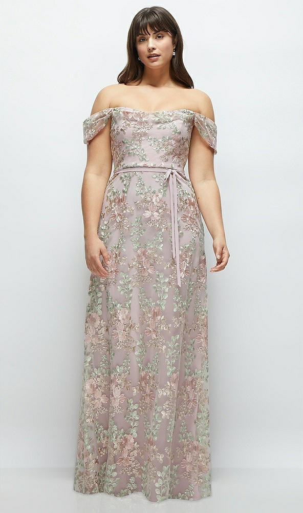 Front View - Suede Rose Off-the-Shoulder A-line Floral Embroidered Dress with Skinny Tie Sash