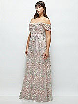 Side View Thumbnail - Suede Rose Off-the-Shoulder A-line Floral Embroidered Dress with Skinny Tie Sash