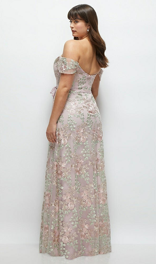 Back View - Suede Rose Off-the-Shoulder A-line Floral Embroidered Dress with Skinny Tie Sash