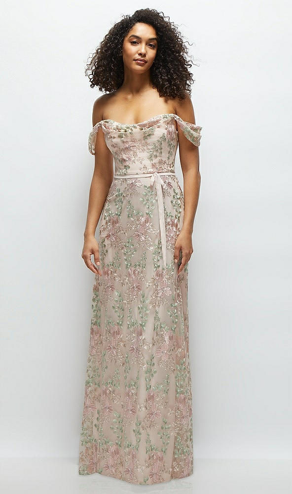 Front View - Blush Off-the-Shoulder A-line Floral Embroidered Dress with Skinny Tie Sash