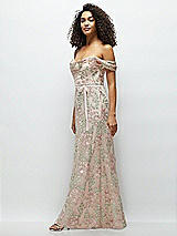 Side View Thumbnail - Blush Off-the-Shoulder A-line Floral Embroidered Dress with Skinny Tie Sash