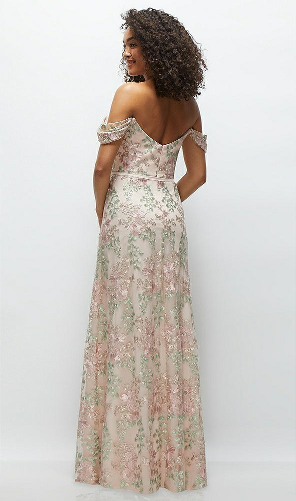 Back View - Blush Off-the-Shoulder A-line Floral Embroidered Dress with Skinny Tie Sash