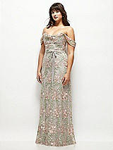 Side View Thumbnail - Cashmere Gray Off-the-Shoulder A-line Floral Embroidered Dress with Skinny Tie Sash