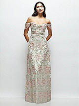 Front View Thumbnail - Oat Off-the-Shoulder A-line Floral Embroidered Dress with Skinny Tie Sash