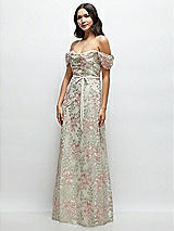 Side View Thumbnail - Oat Off-the-Shoulder A-line Floral Embroidered Dress with Skinny Tie Sash