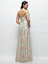 Rear View Thumbnail - Oat Off-the-Shoulder A-line Floral Embroidered Dress with Skinny Tie Sash