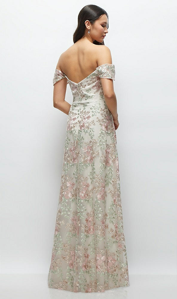 Back View - Oat Off-the-Shoulder A-line Floral Embroidered Dress with Skinny Tie Sash