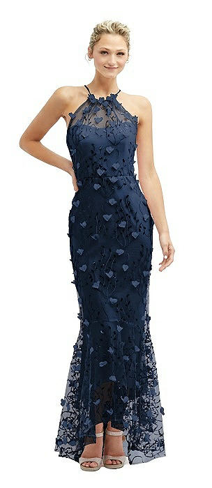 Sheer Halter Neck 3D Floral Embroidered Dress with High-Low Hem