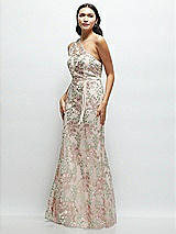 Side View Thumbnail - Blush One-Shoulder Fit and Flare Floral Embroidered Dress with Skinny Tie Sash