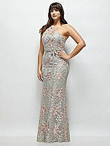 Front View Thumbnail - Cashmere Gray One-Shoulder Fit and Flare Floral Embroidered Dress with Skinny Tie Sash