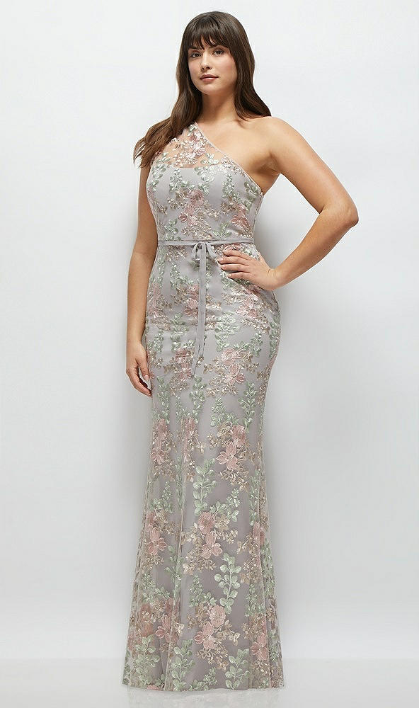 Front View - Cashmere Gray One-Shoulder Fit and Flare Floral Embroidered Dress with Skinny Tie Sash