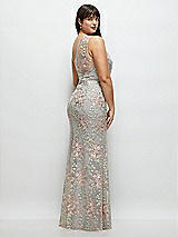 Rear View Thumbnail - Cashmere Gray One-Shoulder Fit and Flare Floral Embroidered Dress with Skinny Tie Sash