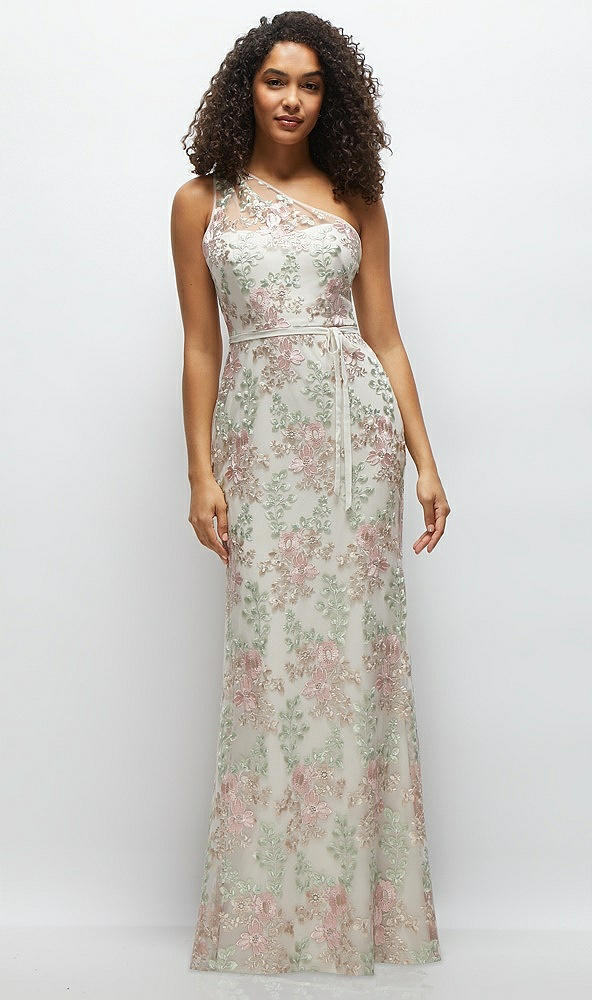 Front View - Oat One-Shoulder Fit and Flare Floral Embroidered Dress with Skinny Tie Sash