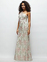 Side View Thumbnail - Oat One-Shoulder Fit and Flare Floral Embroidered Dress with Skinny Tie Sash