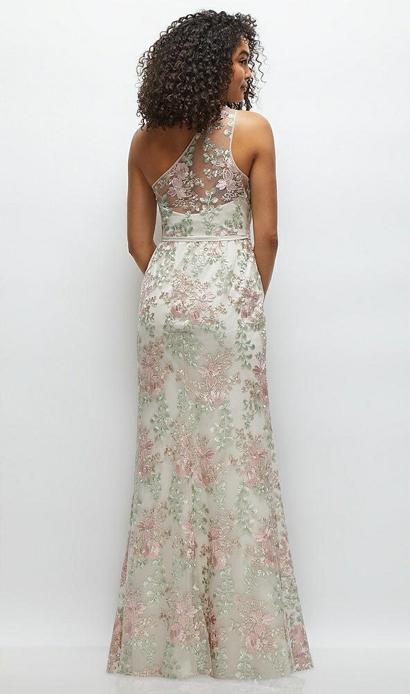 Back View - Oat One-Shoulder Fit and Flare Floral Embroidered Dress with Skinny Tie Sash