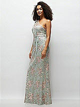 Side View Thumbnail - Willow Green One-Shoulder Fit and Flare Floral Embroidered Dress with Skinny Tie Sash