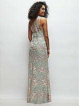 Rear View Thumbnail - Willow Green One-Shoulder Fit and Flare Floral Embroidered Dress with Skinny Tie Sash