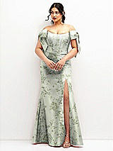 Front View Thumbnail - Sage Cottage Rose Off-the-Shoulder Bow Floral Satin Corset Dress with Fit and Flare Skirt