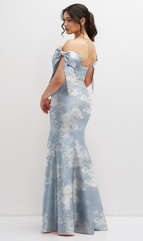 Back View - Porcelain Blue Seraphina Floral Off-the-Shoulder Bow Floral Satin Corset Dress with Fit and Flare Skirt