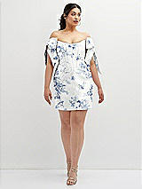 Alt View 2 Thumbnail - Cottage Rose Larkspur Floral Satin Off-the-Shoulder Bow Corset Fit and Flare Mini Dress