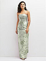 Front View Thumbnail - Sage Cottage Rose Floral Strapless Draped Bodice Column Dress with Oversized Bow