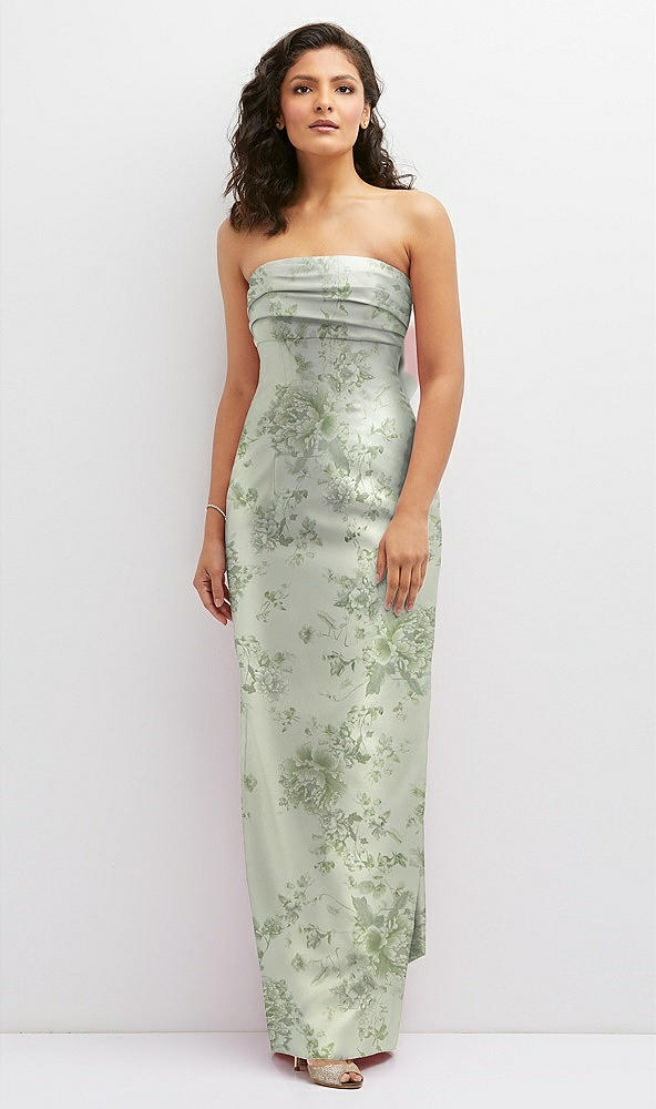 Front View - Sage Cottage Rose Floral Strapless Draped Bodice Column Dress with Oversized Bow