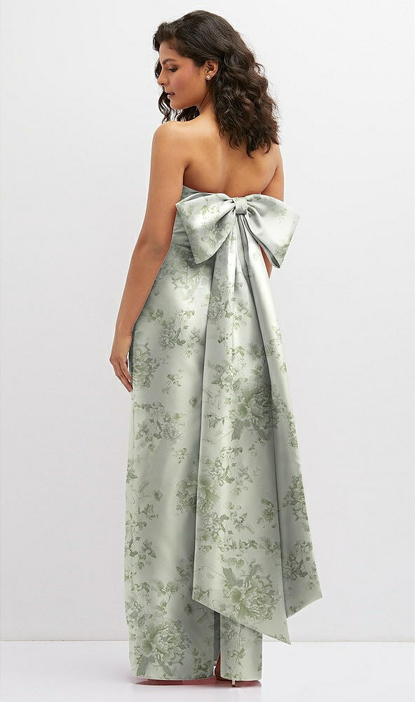 Back View - Sage Cottage Rose Floral Strapless Draped Bodice Column Dress with Oversized Bow