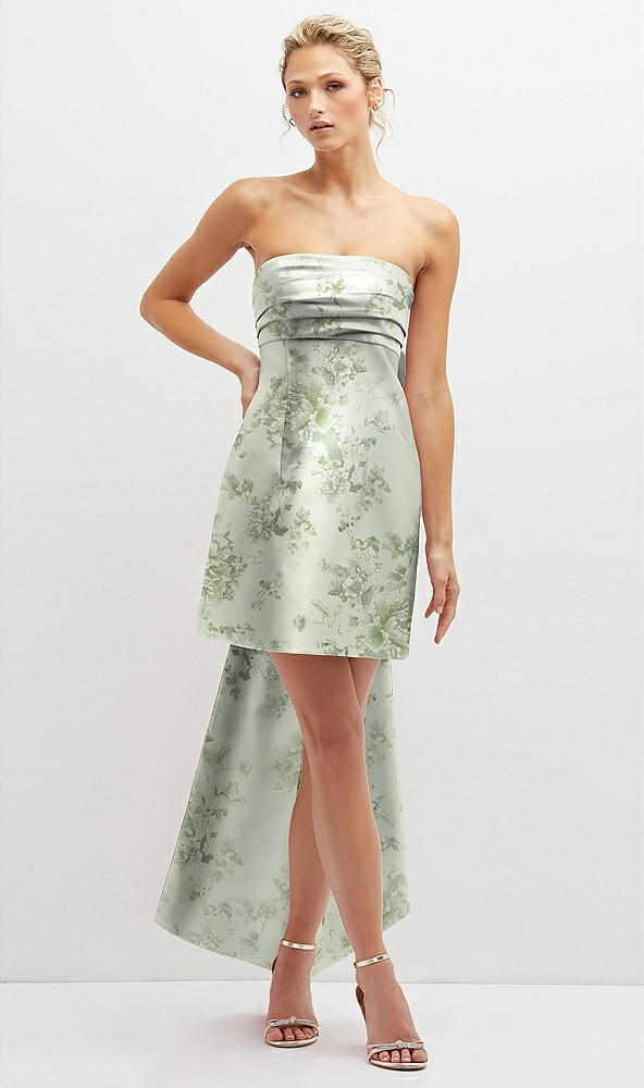 Front View - Sage Cottage Rose Floral Strapless Satin Column Mini Dress with Oversized Bow