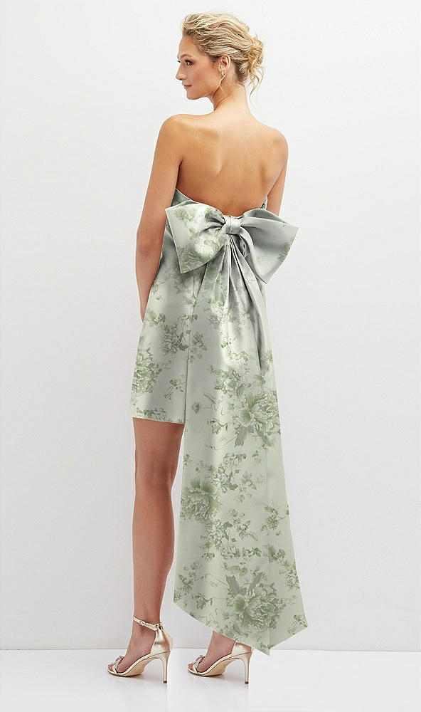 Back View - Sage Cottage Rose Floral Strapless Satin Column Mini Dress with Oversized Bow