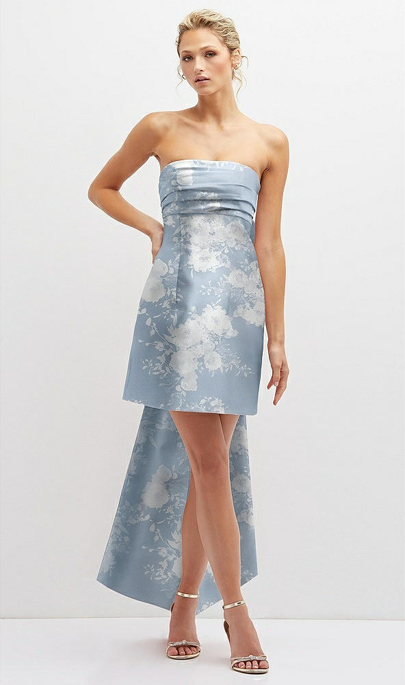 Front View - Porcelain Blue Seraphina Floral Floral Strapless Satin Column Mini Dress with Oversized Bow