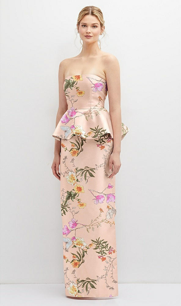 Front View - Butterfly Botanica Pink Sand Floral Strapless Satin Maxi Dress with Cascade Ruffle Peplum Detail