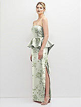 Side View Thumbnail - Sage Cottage Rose Floral Strapless Satin Maxi Dress with Cascade Ruffle Peplum Detail