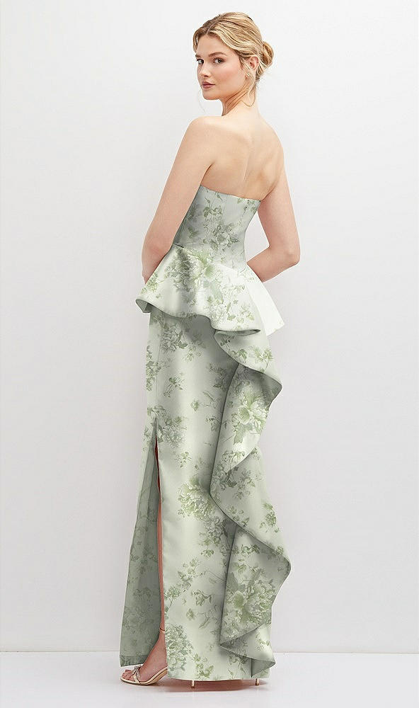 Back View - Sage Cottage Rose Floral Strapless Satin Maxi Dress with Cascade Ruffle Peplum Detail