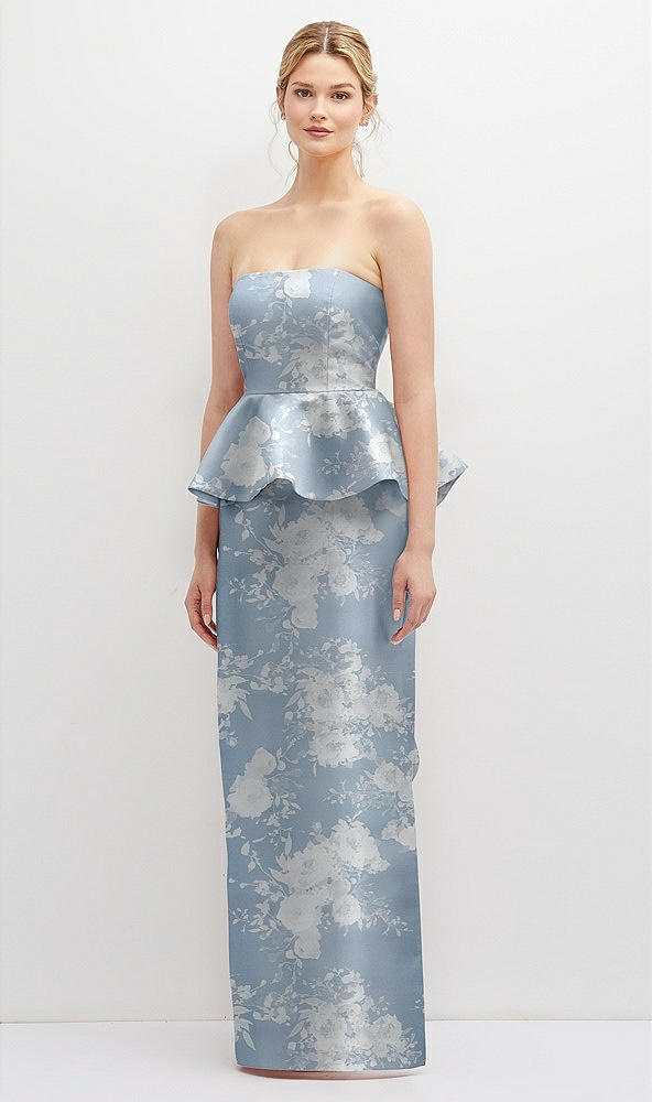 Front View - Porcelain Blue Seraphina Floral Floral Strapless Satin Maxi Dress with Cascade Ruffle Peplum Detail