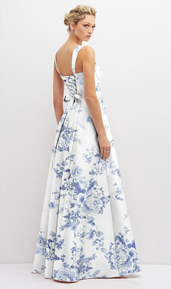 Back View - Cottage Rose Larkspur Floral Lace-Up Back Bustier Satin Dress with Full Skirt and Pockets