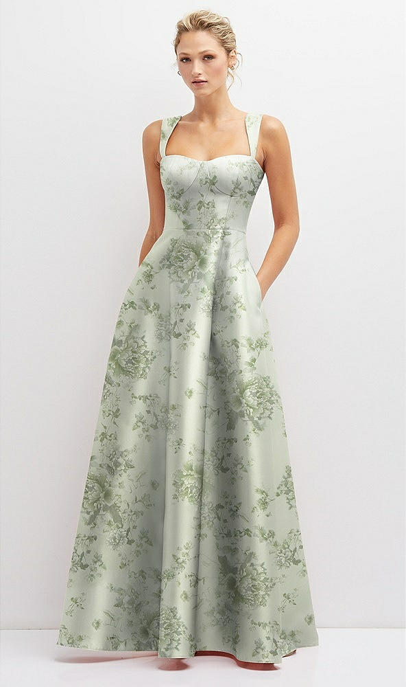 Front View - Sage Cottage Rose Floral Lace-Up Back Bustier Satin Dress with Full Skirt and Pockets