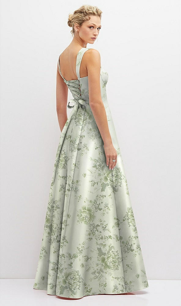 Back View - Sage Cottage Rose Floral Lace-Up Back Bustier Satin Dress with Full Skirt and Pockets