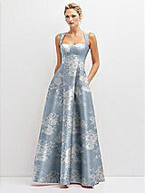 Front View Thumbnail - Porcelain Blue Seraphina Floral Floral Lace-Up Back Bustier Satin Dress with Full Skirt and Pockets