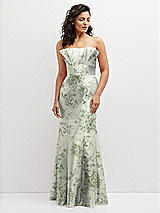 Front View Thumbnail - Sage Cottage Rose Floral Strapless Satin Fit and Flare Dress with Crumb-Catcher Bodice