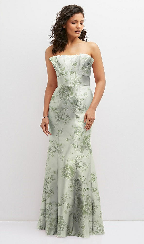 Front View - Sage Cottage Rose Floral Strapless Satin Fit and Flare Dress with Crumb-Catcher Bodice