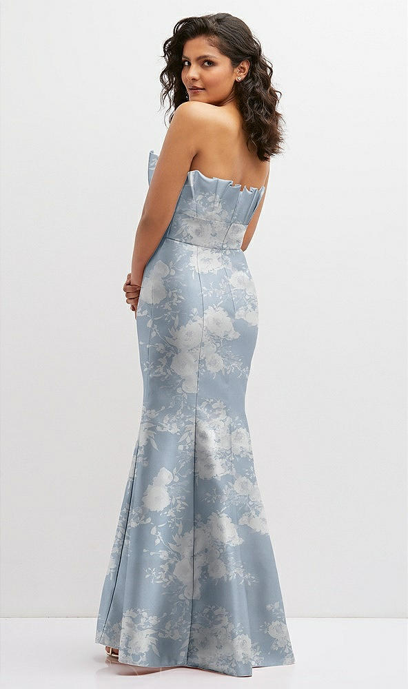 Back View - Porcelain Blue Seraphina Floral Floral Strapless Satin Fit and Flare Dress with Crumb-Catcher Bodice